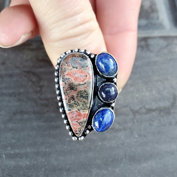 New Leopard Skin Jasper & Lapis Lazuli 925 Silver Ring. - Picture 10 of 14